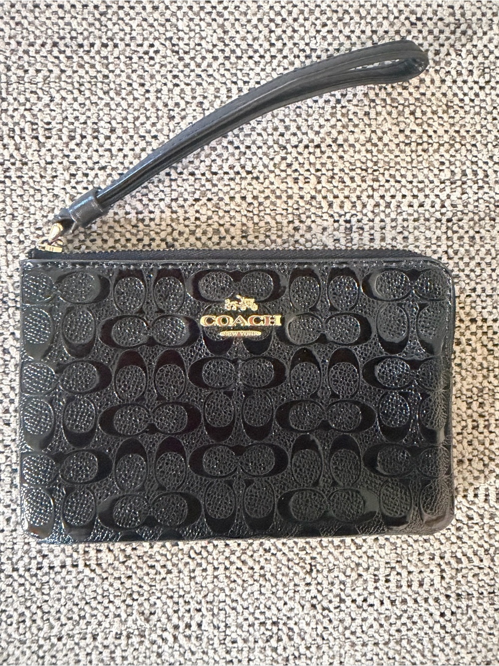 Coach Black Patent Signature Wristlet with Gold Logo